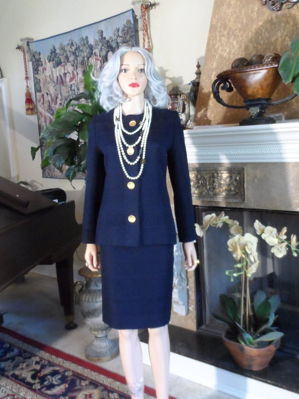 Givenchy Couture Navy Blue Jacquard Cotton Skirt Suit Size FR 36- US 4